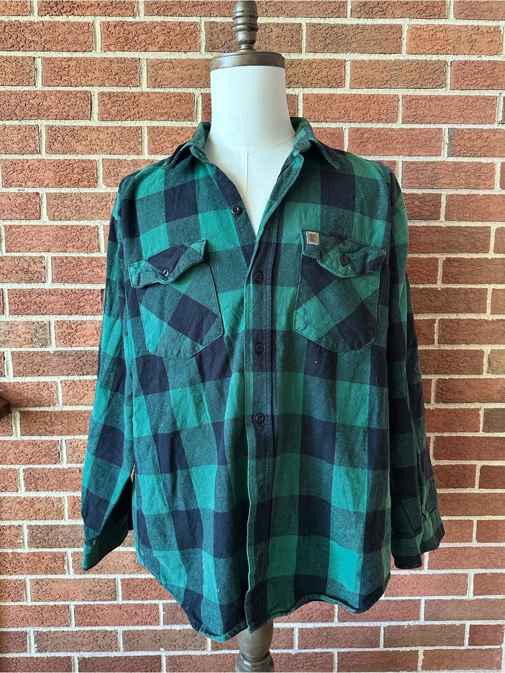 Big Bill Green Black Plaid Cotton Flannel Button-Up Shirt Long Sleeve, L